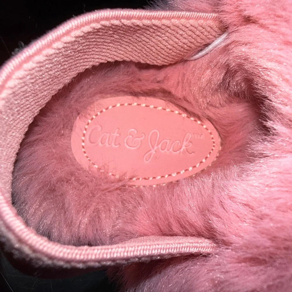 Cat & Jack Faux Fur Slippers Kids Size S 5/6 New Pink Metallic Elastic Strap